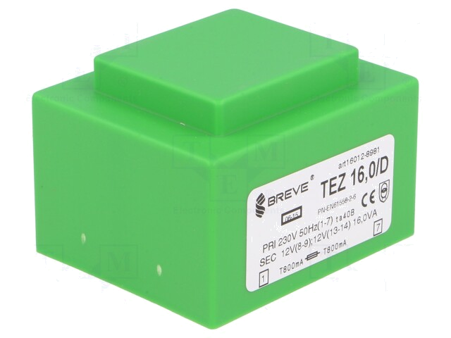 Transformator: ingegoten; 16VA; 230VAC; 12V; 12V; 666,6mA; 666,6mA Transformator: ingegoten; 16VA; 230VAC; 12V; 12V; 666,6mA; 666,6mA